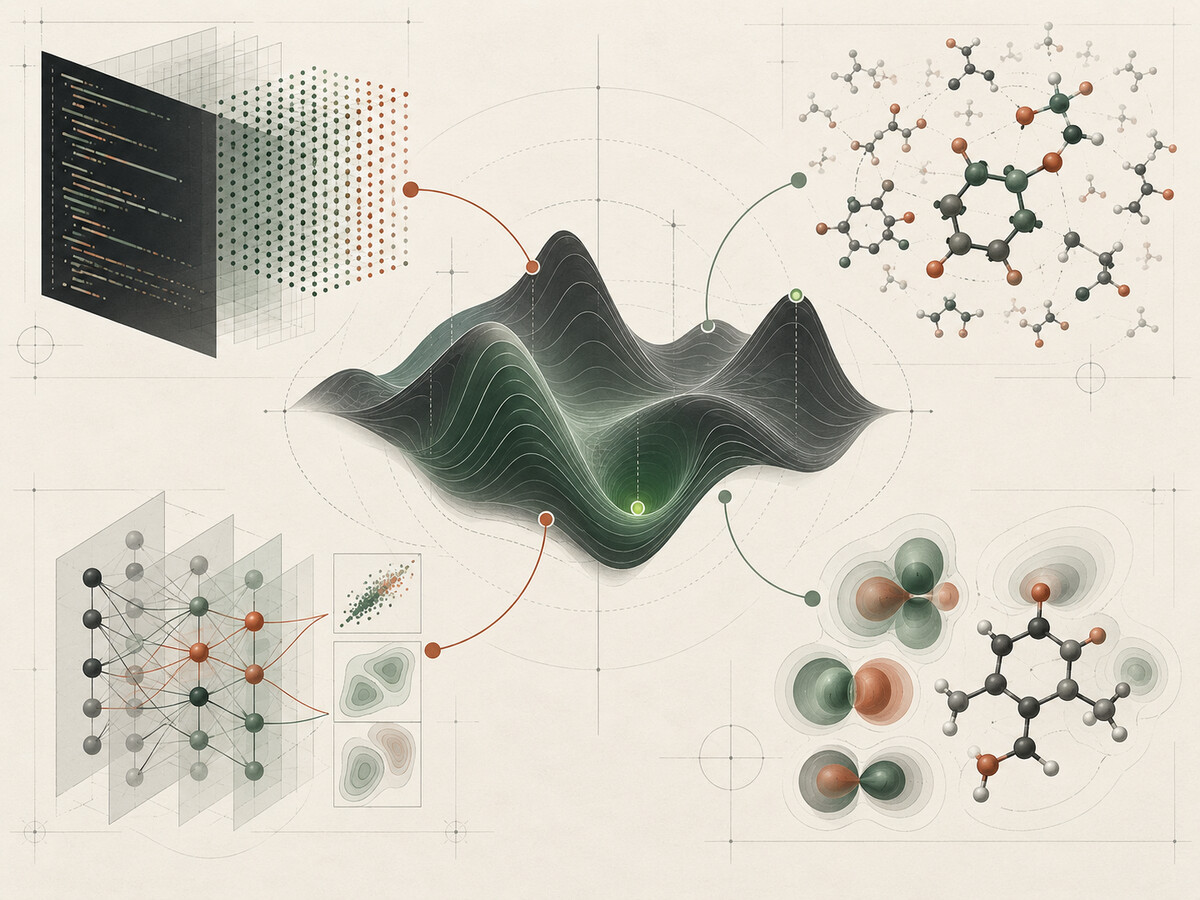Illustrated AnoopLab research workflow linking software and data, chemical-space exploration, interpretable modelling, and quantum-chemical validation.